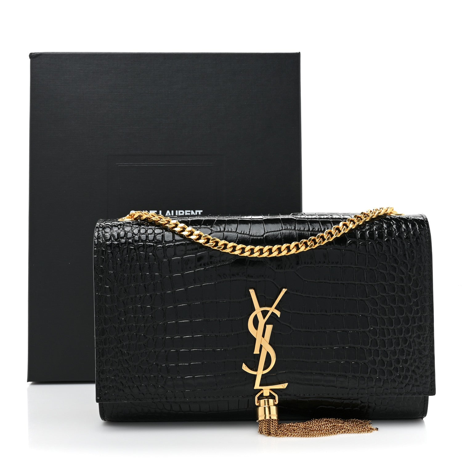 Saint Laurent Calfskin Crocodile Embossed Medium Classic Monogram Kate Tassel Satchel Black 12 of 12