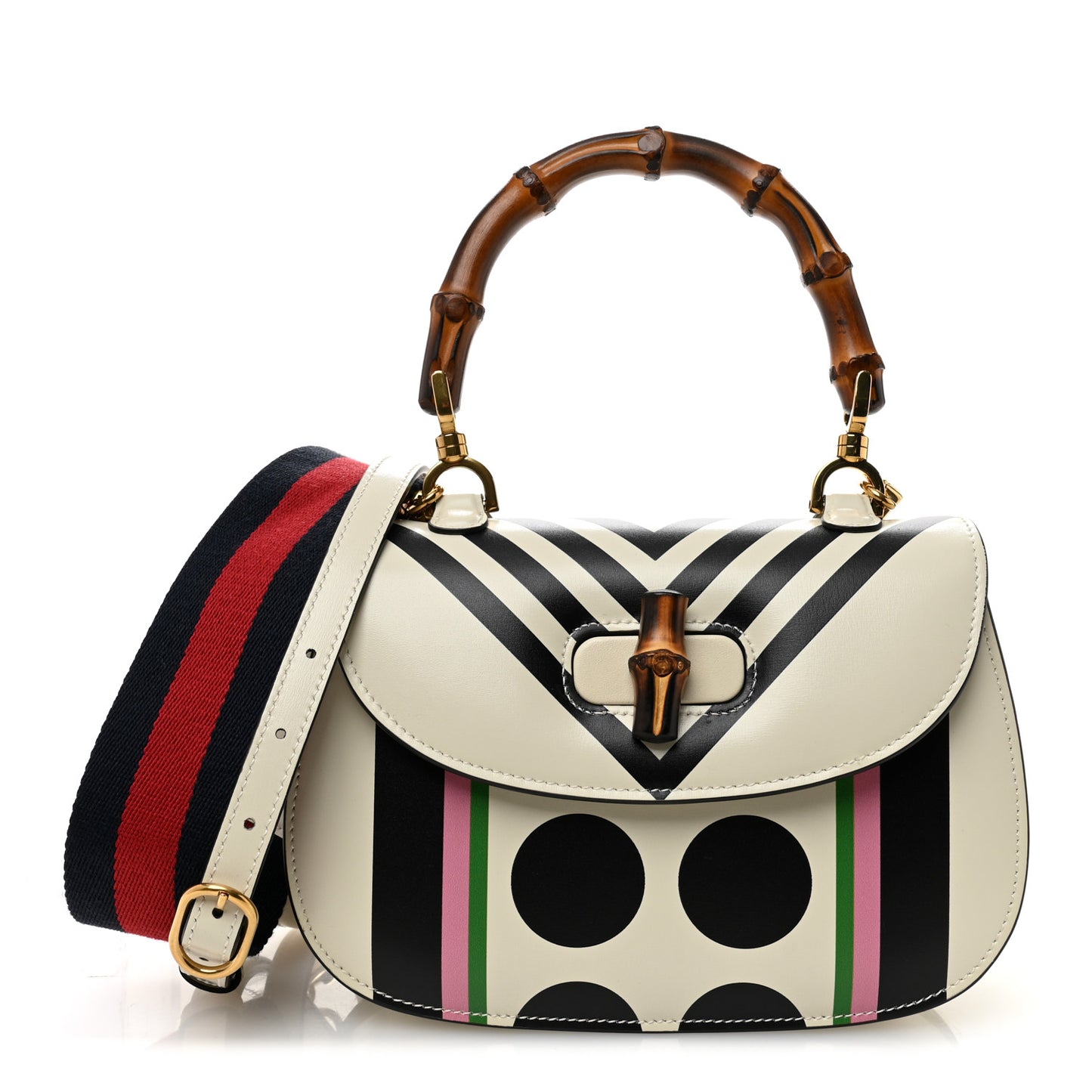 Calfskin Web Geometric Print Small Bamboo 1947 Top Handle Bag White Multicolor