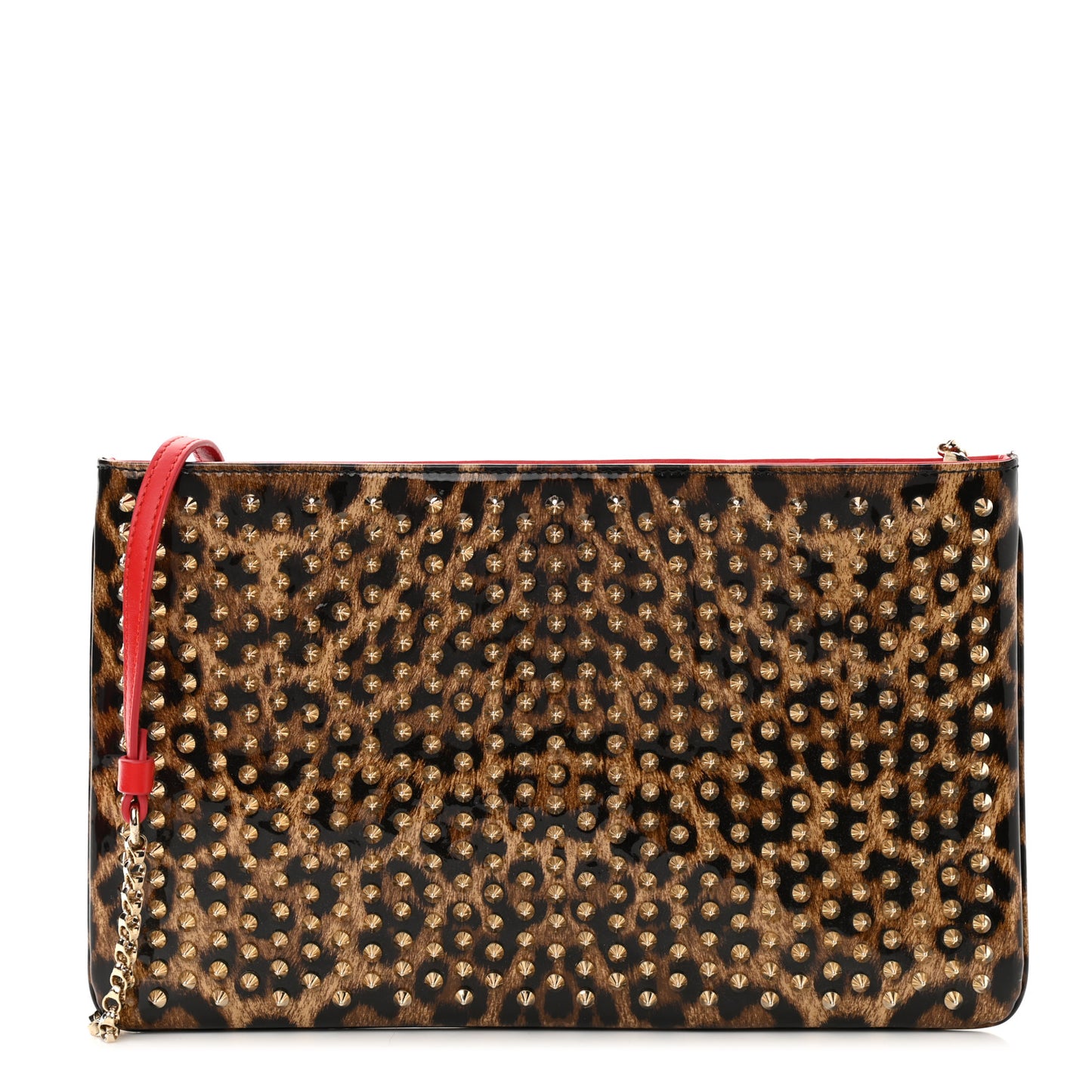 Patent Leopard Print Loubiposh Spiked Crossbody Clutch