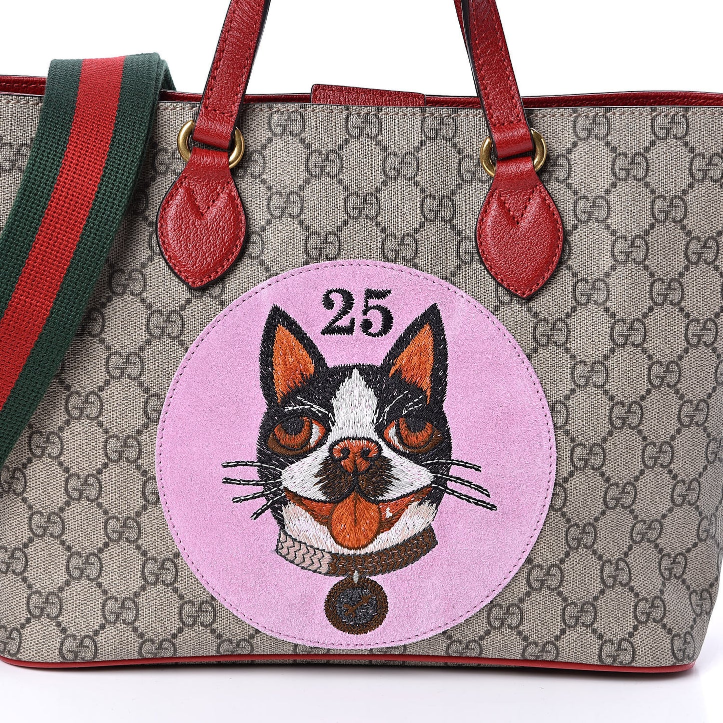 Soft GG Supreme Monogram Web Bosco Patch Small Crossbody Tote Beige Malva Hibiscus Red