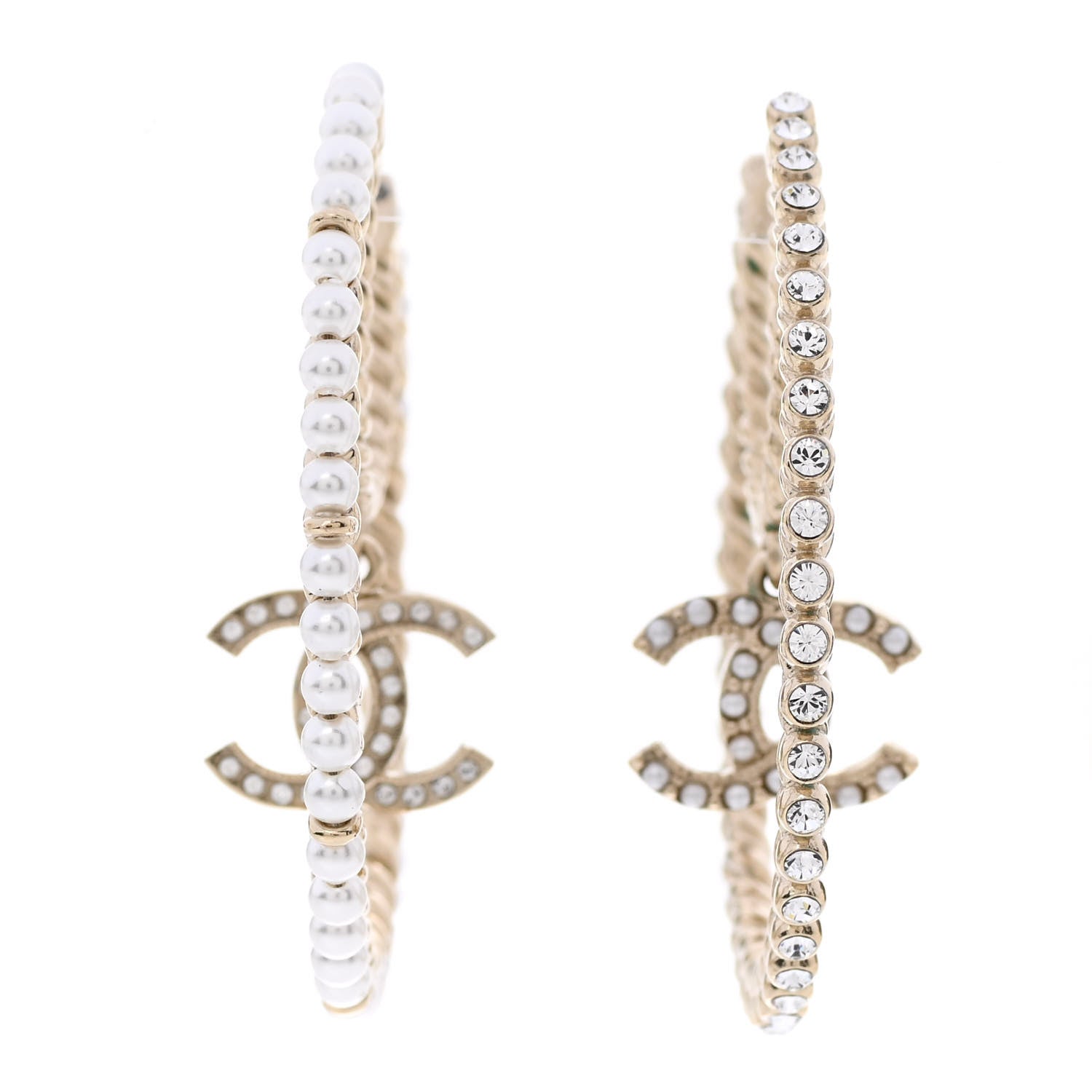 Chanel Crystal Pearl CC Drop Hoop Earrings Gold Pearly White 2 of 11