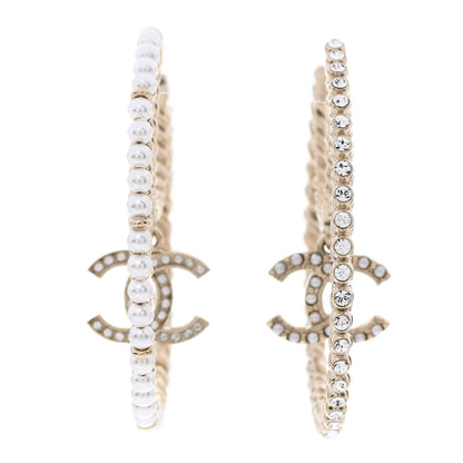 Chanel Crystal Pearl CC Drop Hoop Earrings Gold Pearly White 2 of 11