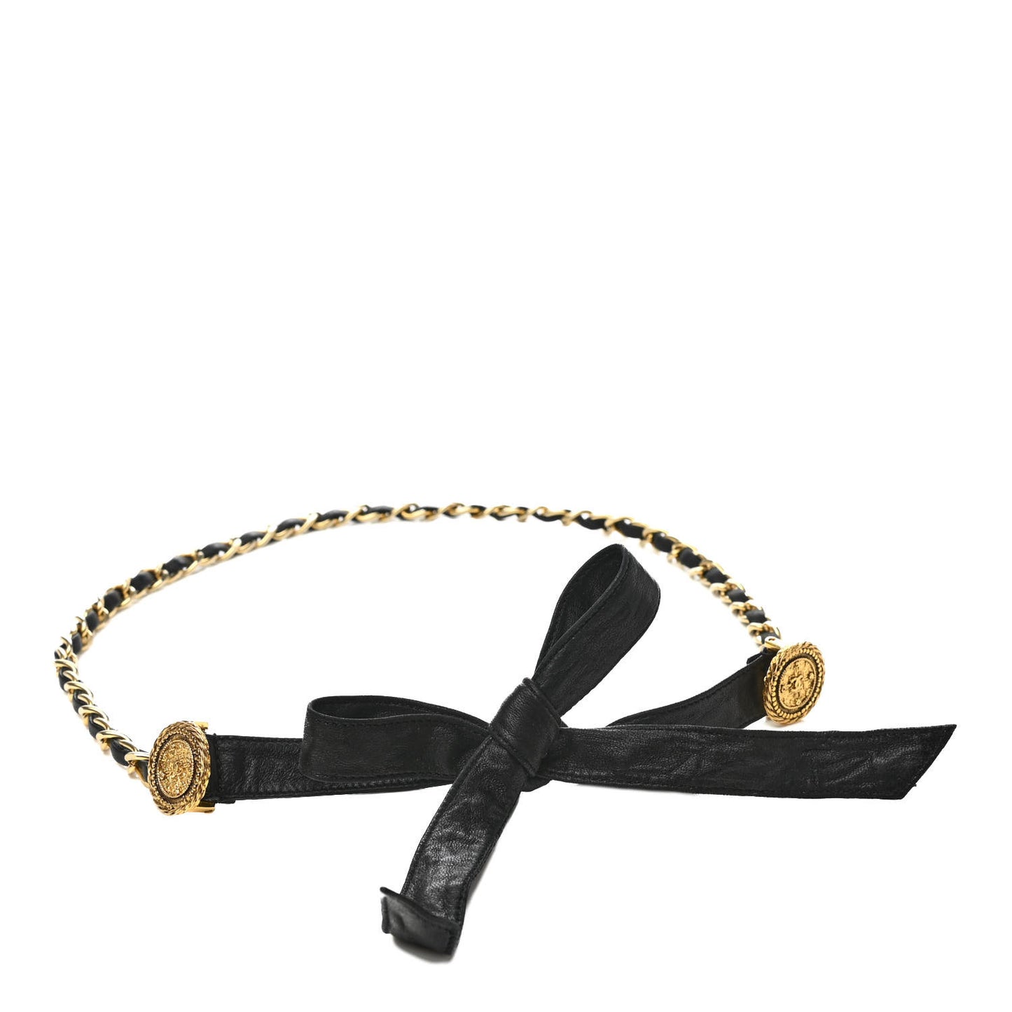 Lambskin Chain CC Medallion Bow Belt Black Gold