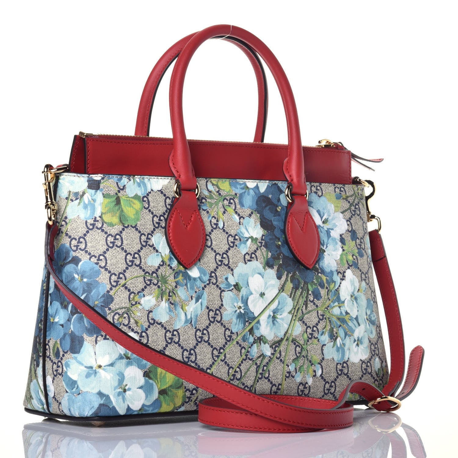 Gucci GG Supreme Monogram Blooms Medium Zip Top Tote Beige Blue Navy Hibiscus Red 4 of 10