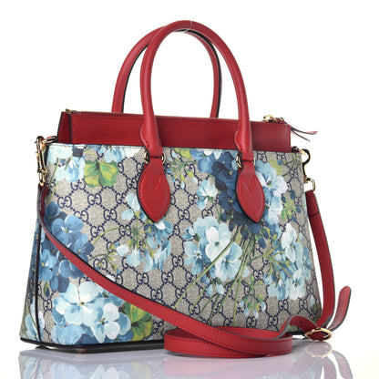 Gucci GG Supreme Monogram Blooms Medium Zip Top Tote Beige Blue Navy Hibiscus Red 4 of 10