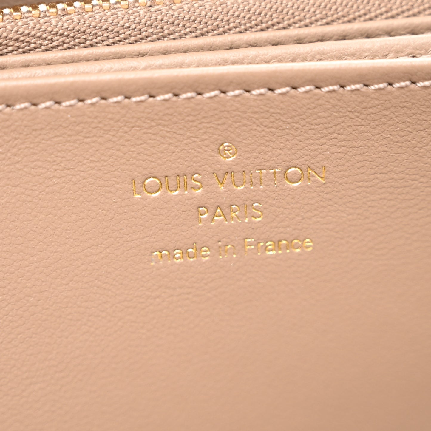 Lambskin Embossed Monogram Coussin Zippy Wallet Taupe