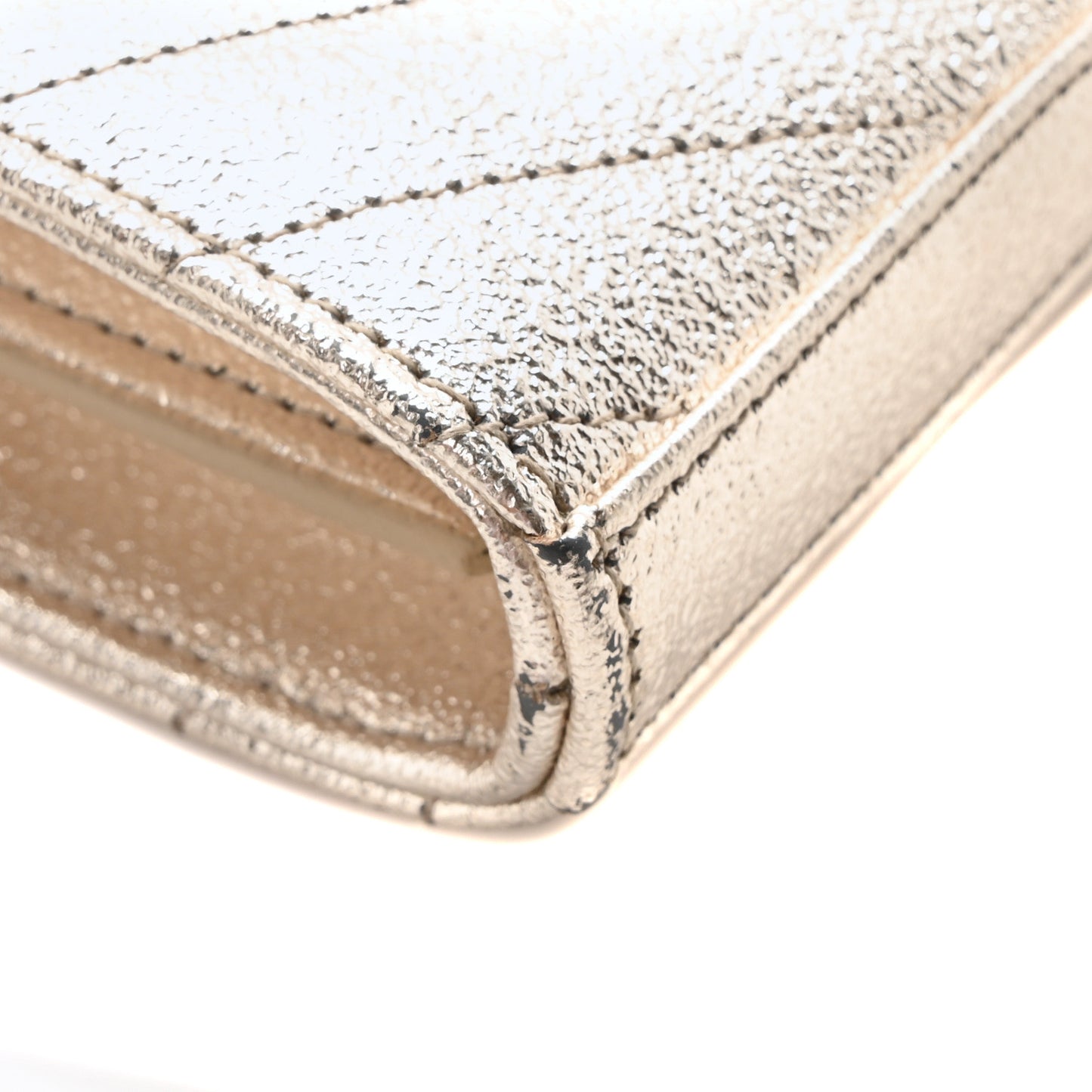 Metallic Crackled Calfskin Matelasse Chevron Monogram Chain Wallet Gold