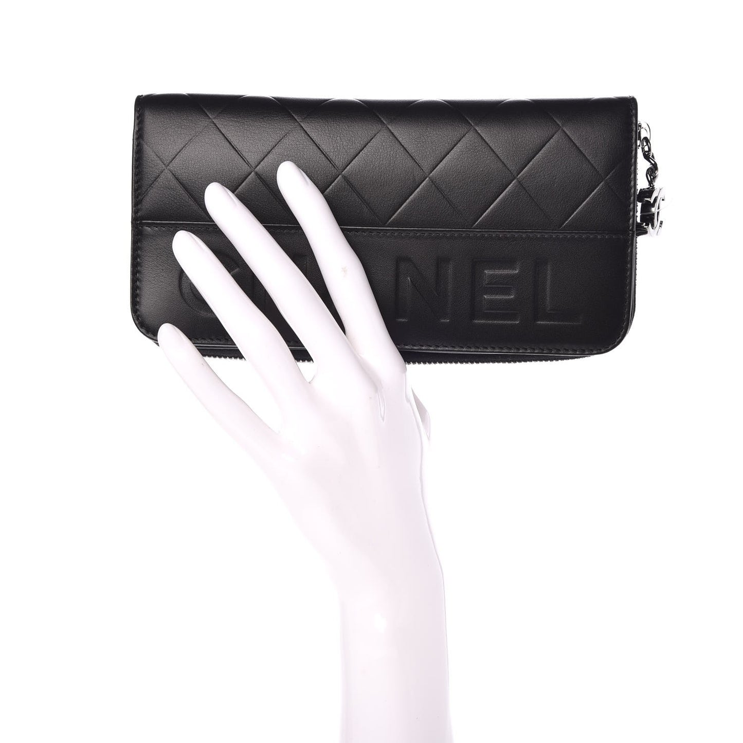 Lambskin Quilted Logo Zip Around Wallet Black