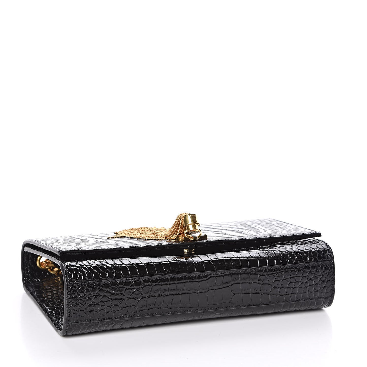 Calfskin Crocodile Embossed Medium Classic Monogram Kate Tassel Satchel Black