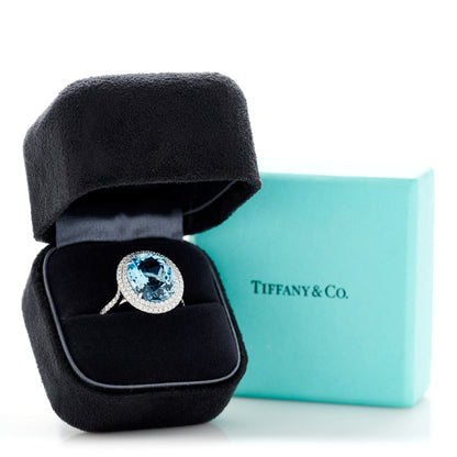 Tiffany Platinum Diamond Aquamarine Soleste Oval Double Halo Ring 65 11 7 of 7