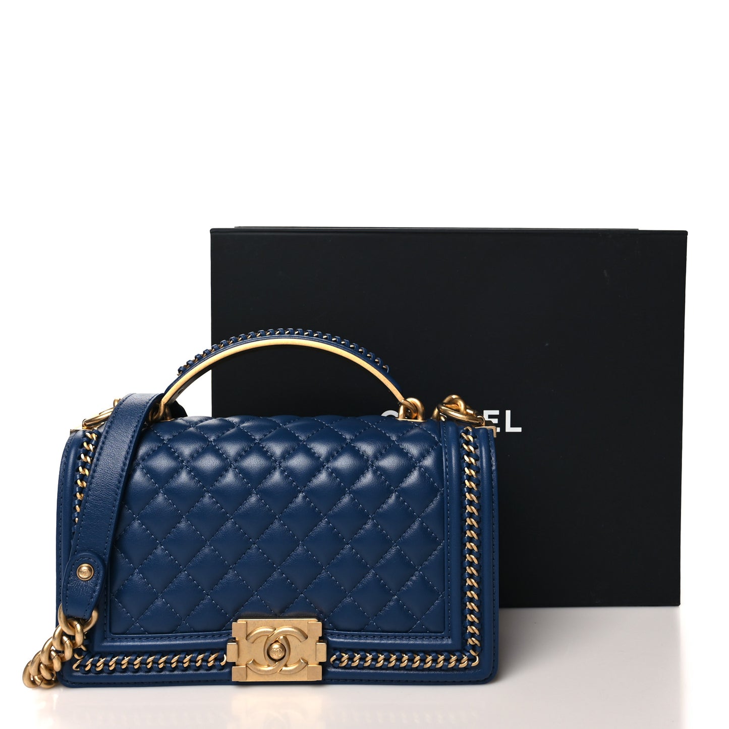 Lambskin Quilted Medium Top Handle Boy Flap Blue