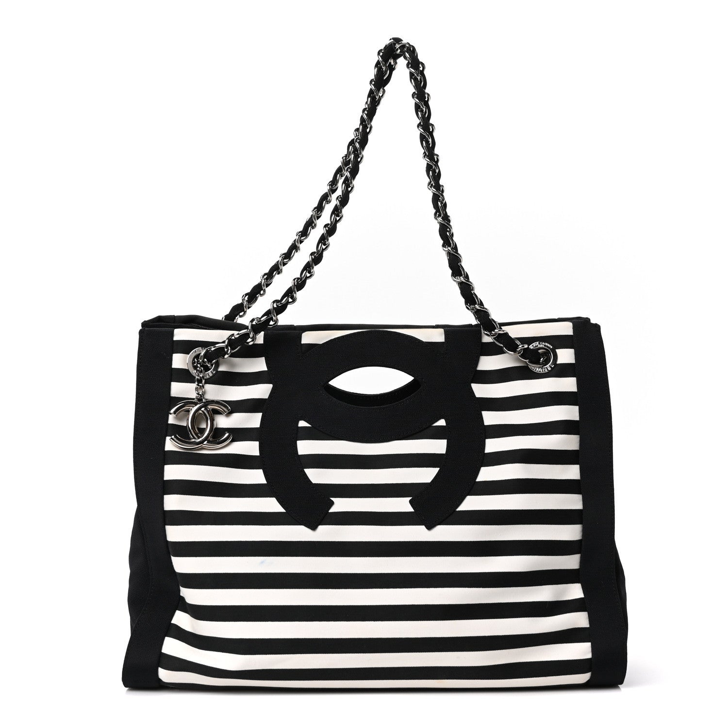 Chanel Canvas Grosgrain Striped CC Shopping Tote Black White 1 of 10