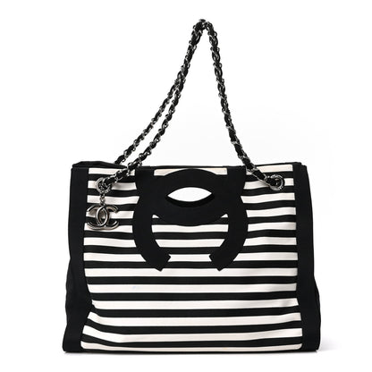 Chanel Canvas Grosgrain Striped CC Shopping Tote Black White 1 of 10