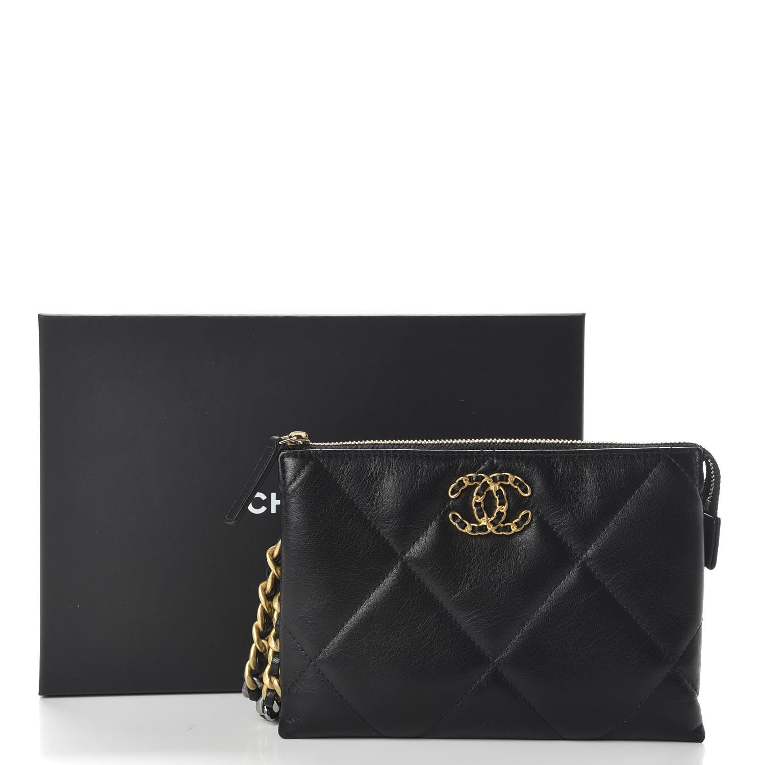 Chanel Shiny Goatskin Quilted Small Chanel 19 Pouch With Handle Black 17 of 19