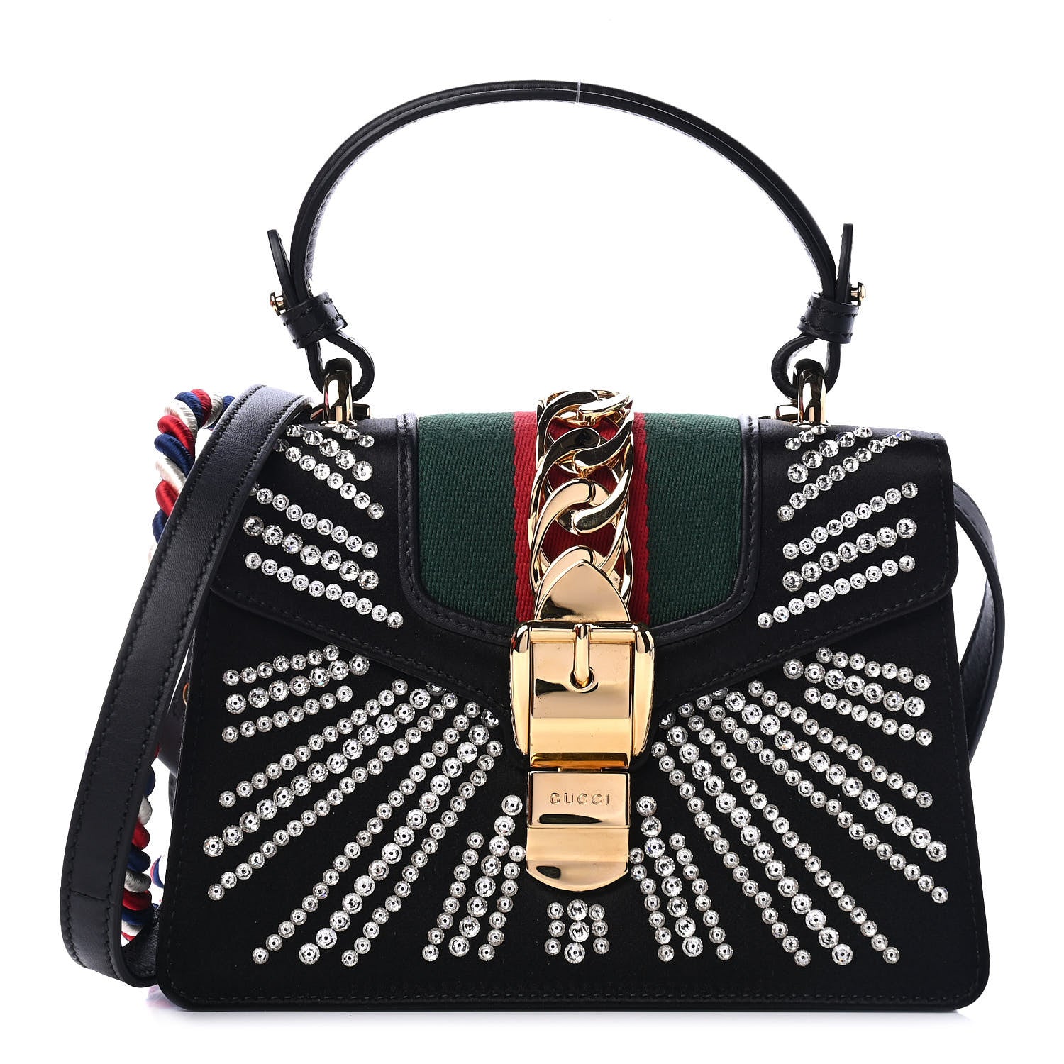 Gucci Satin Crystal Mini Sylvie Top Handle Bag Black 1 of 4