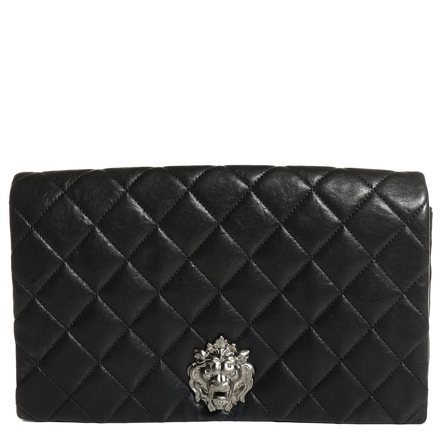Lambskin Quilted Medium Leo Lion Flap Clutch Black