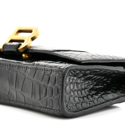 Balenciaga Shiny Calfskin Crocodile Embossed Hourglass Chain Bag Black 9 of 10