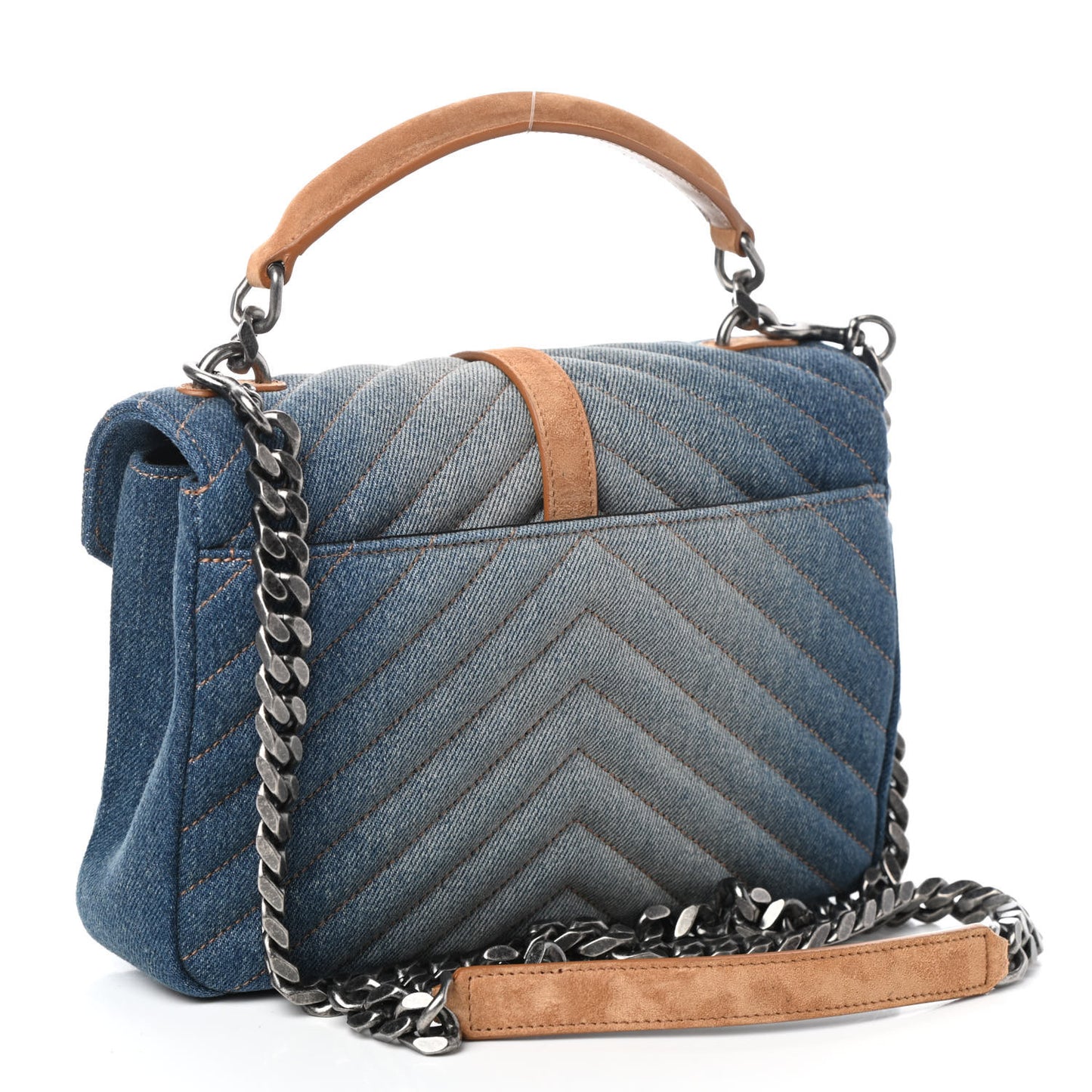 Washed Denim Matelasse Chevron Monogram Medium College Bag Blue Cinnamon
