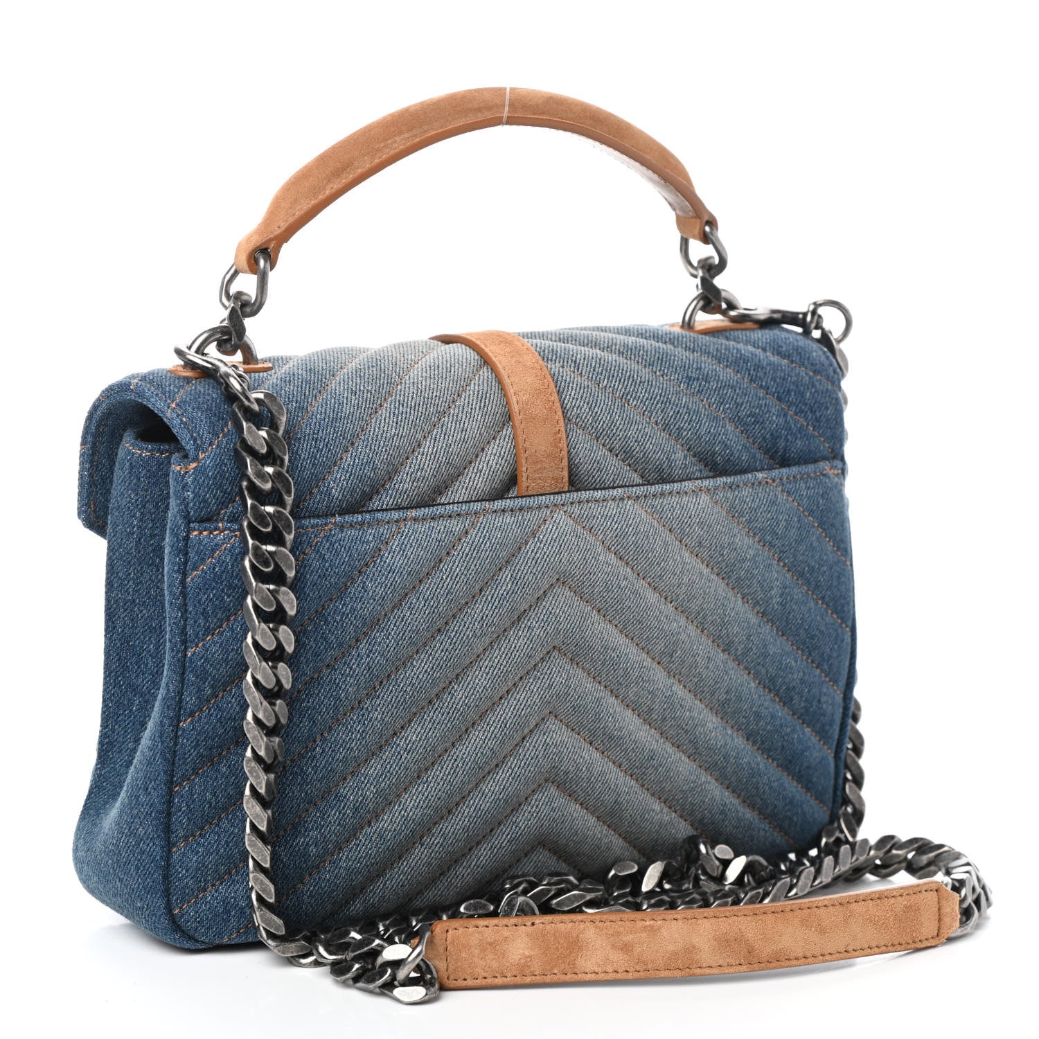 Saint Laurent Washed Denim Matelasse Chevron Monogram Medium College Bag Blue Cinnamon 3 of 10
