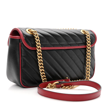 Gucci Vintage Effect Calfskin Matelasse Diagonal Small Torchon GG Marmont Shoulder Bag Black Romantic Cherry 3 of 11