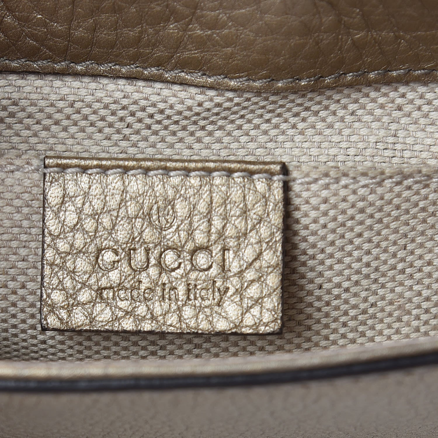 Gucci Metallic Pebbled Calfskin Small Soho Flap Crossbody Golden Beige 6 of 10