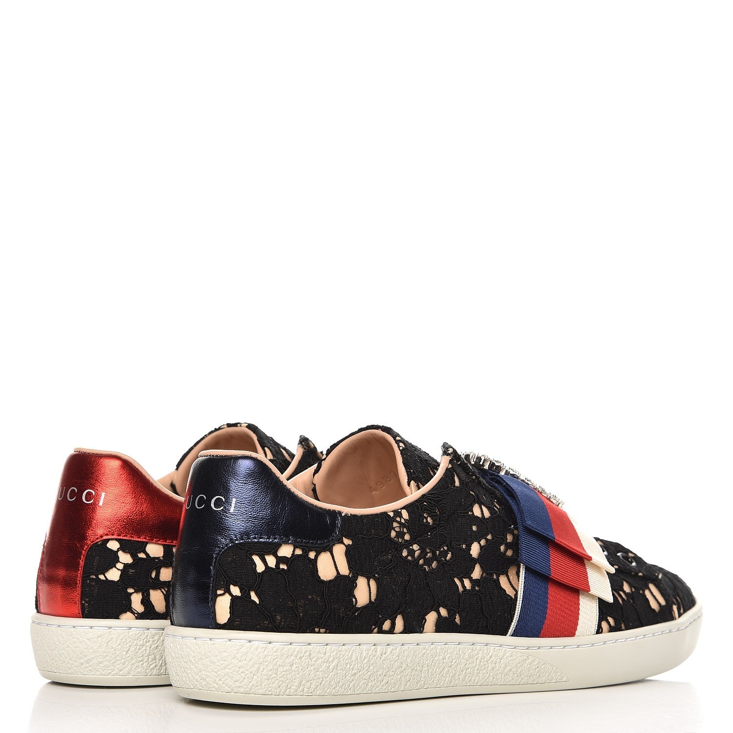 Gucci Lace Crystal Sylvie Web Flower Leaf Womens Ace Sneakers 37 Black Tan Beige 4 of 9