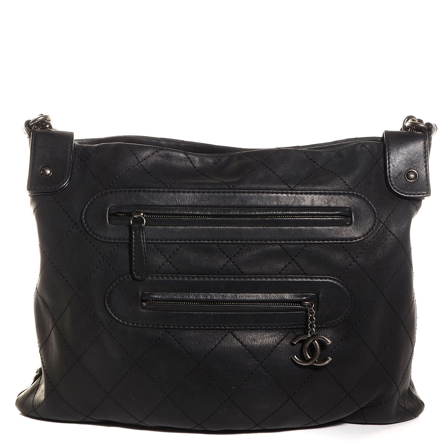 Calfskin Stitched Double Zip Hobo Black