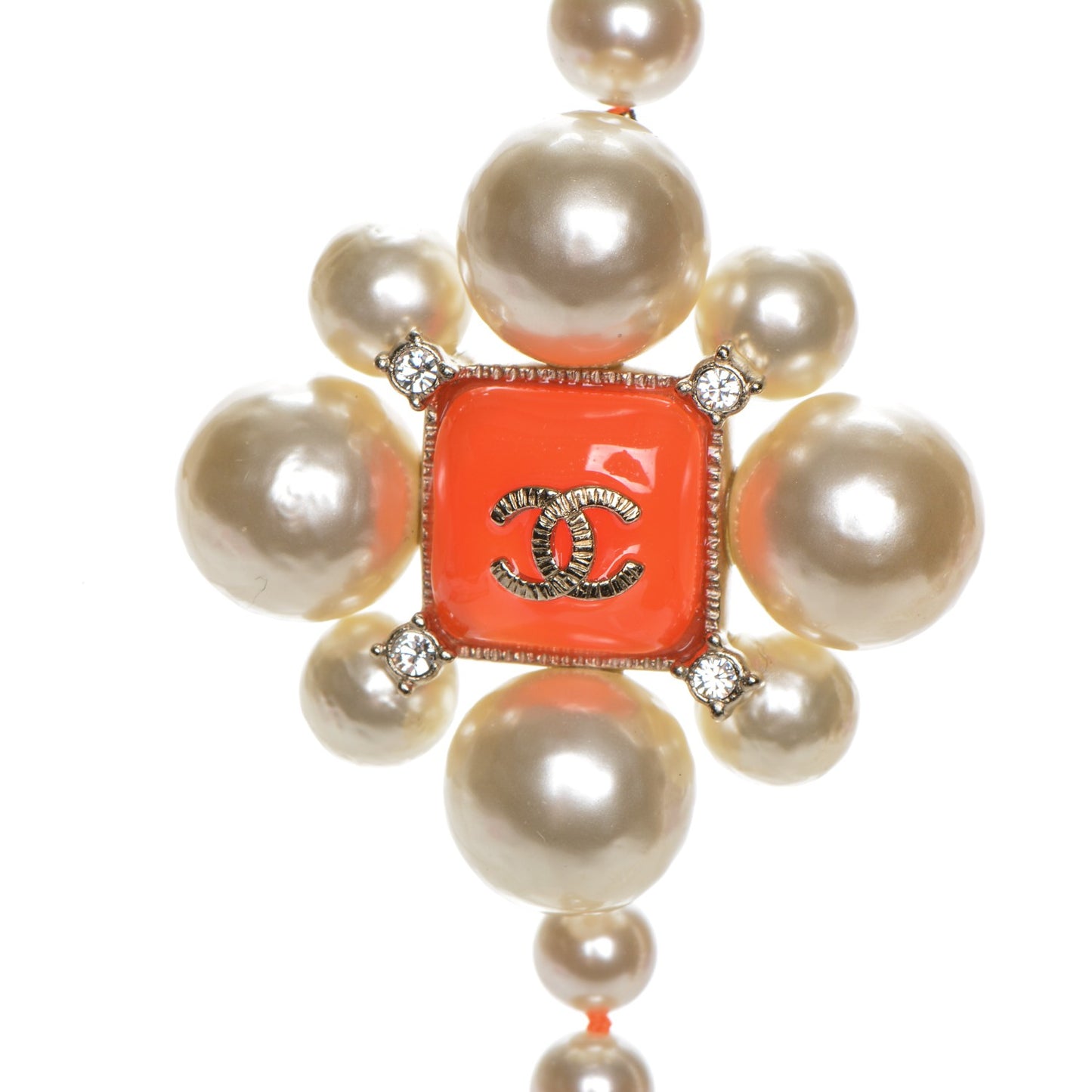 Pearl Crystal Gripoix CC Long Necklace Gold Pearly White Orange
