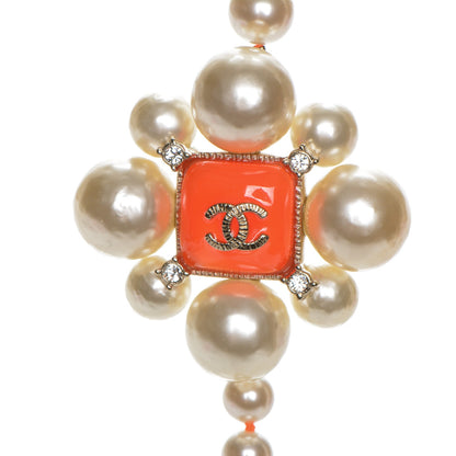 Chanel Pearl Crystal Gripoix CC Long Necklace Gold Pearly White Orange 3 of 5