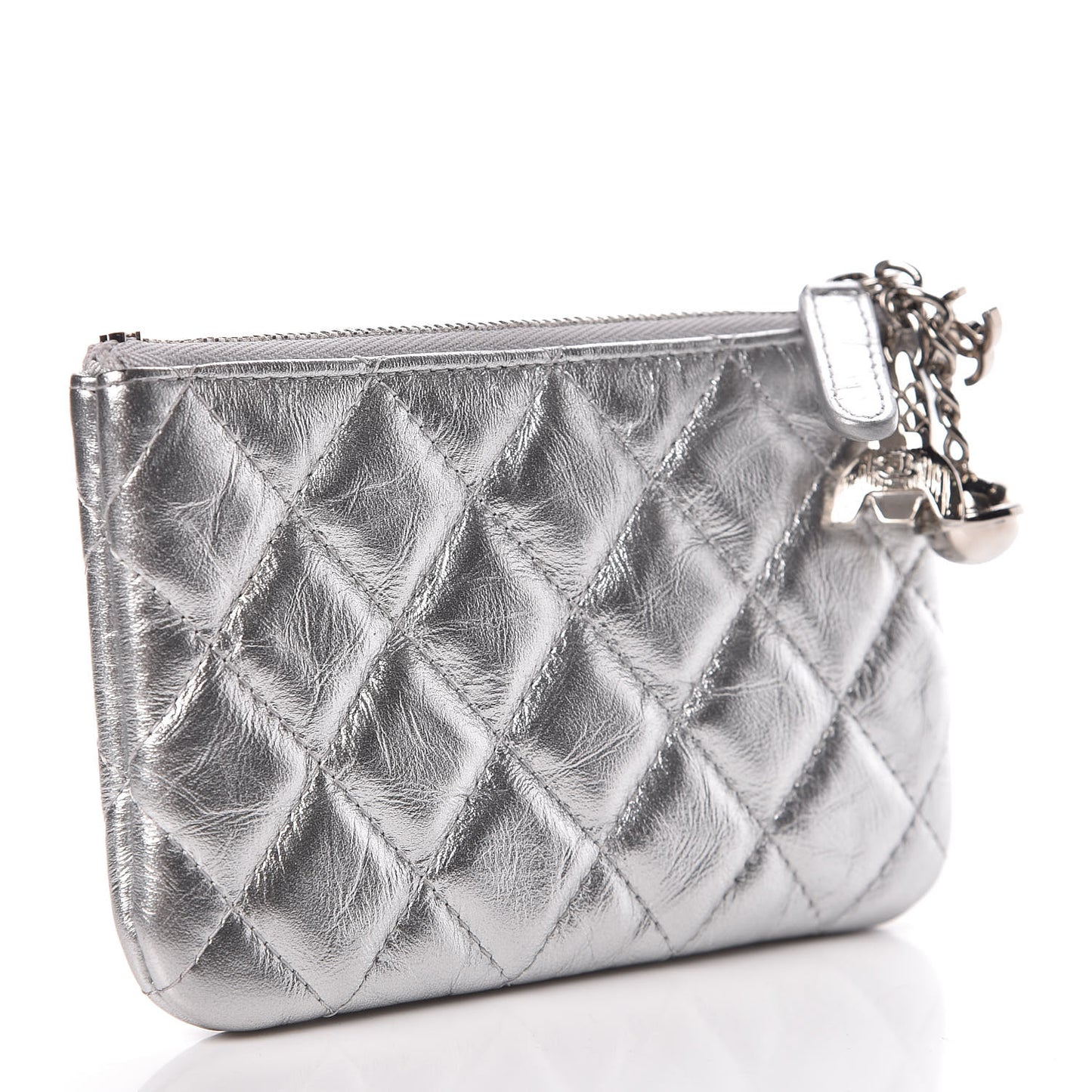 Metallic Calfskin Quilted Small Cosmo Cosmetic Case Silver