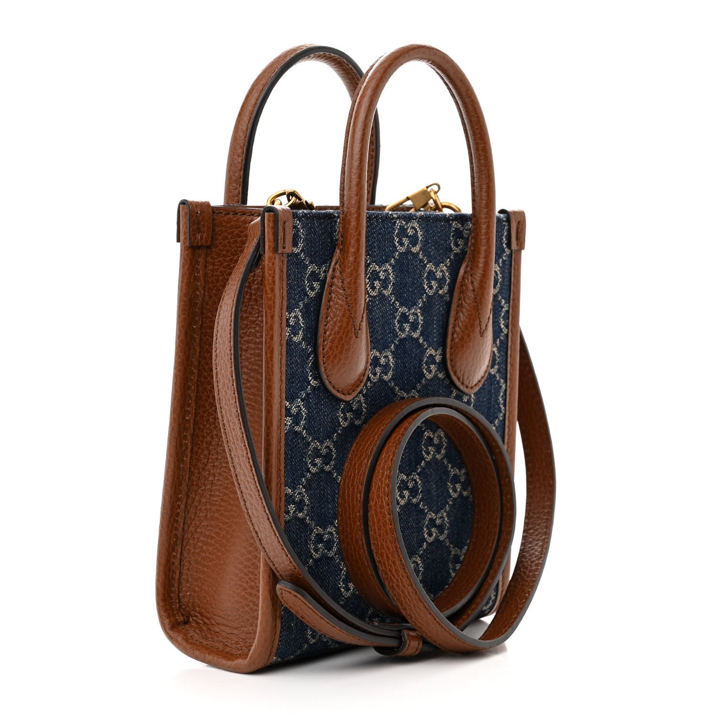 New Denim GG Monogram Dollar Calfskin Mini Retro Interlocking G Tote Bag Blue Tea Cuir Epilog