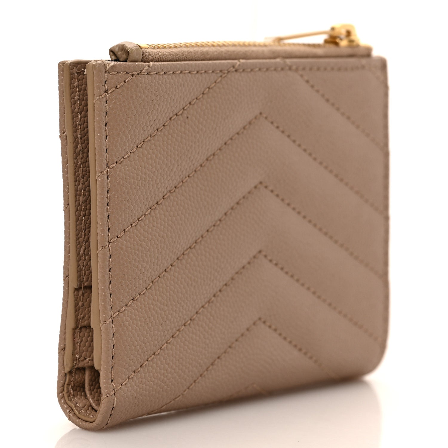 Saint Laurent Grain De Poudre Matelasse Chevron Monogram Zipped Two-Part Wallet Dark Beige 3 of 6
