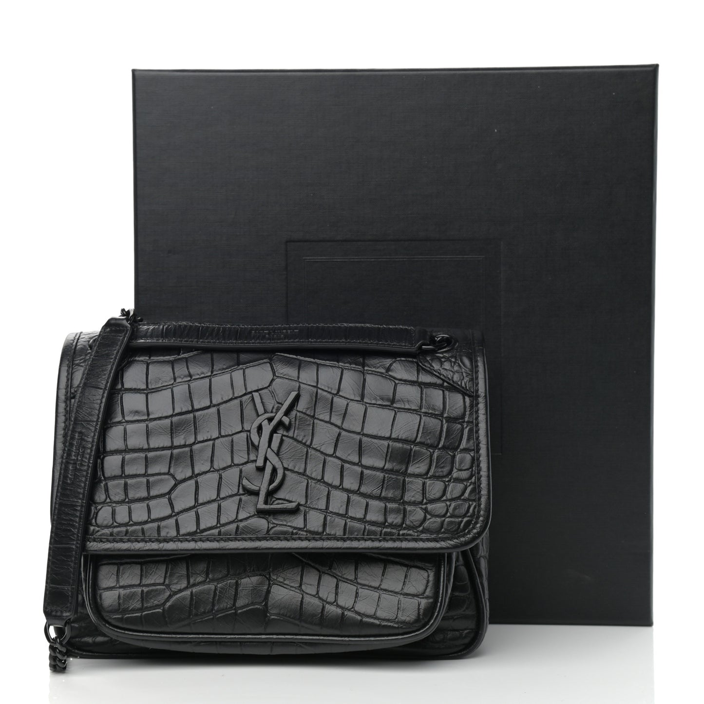 Calfskin Crocodile Embossed Matelasse Monogram Baby Niki Chain Satchel Black