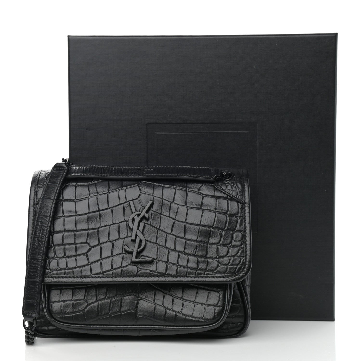 Saint Laurent Calfskin Crocodile Embossed Matelasse Monogram Baby Niki Chain Satchel Black 12 of 12