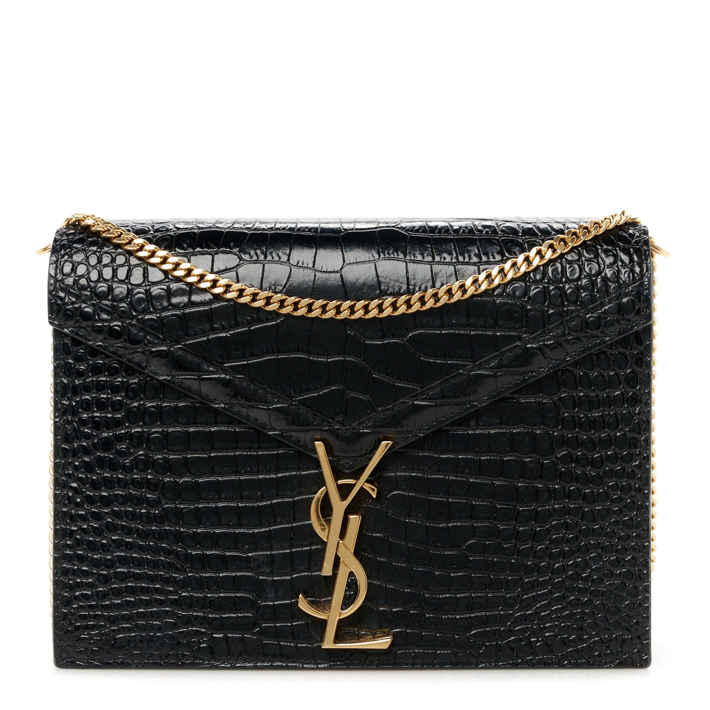 Calfskin Crocodile Embossed Monogram Cassandra Clasp Bag Black Rouge Legion
