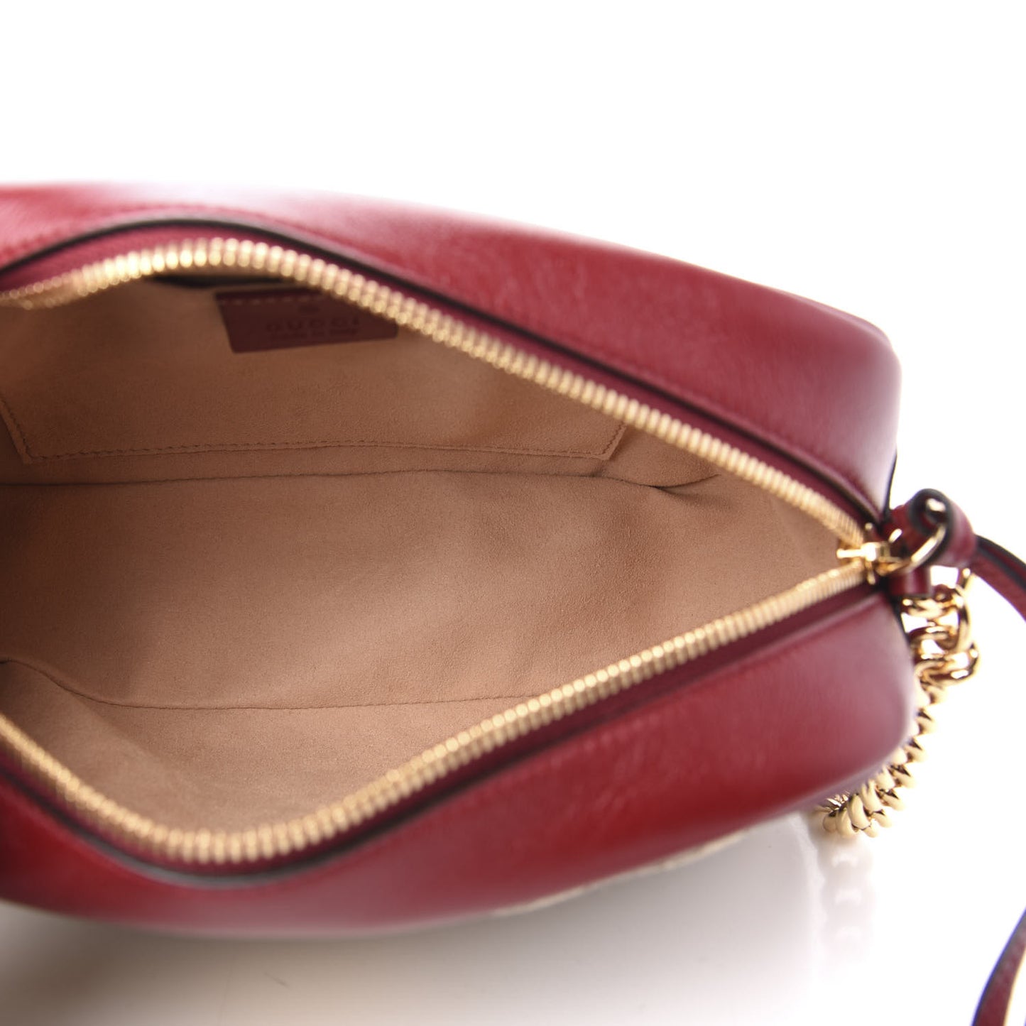 Monogram Azalea Calfskin Matelasse Diagonal Small GG Marmont Chain Shoulder Bag Beige Ebony New Cherry Red