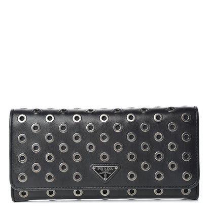 Prada Calfskin Studded Rings Continental Flap Wallet Black 3 of 12