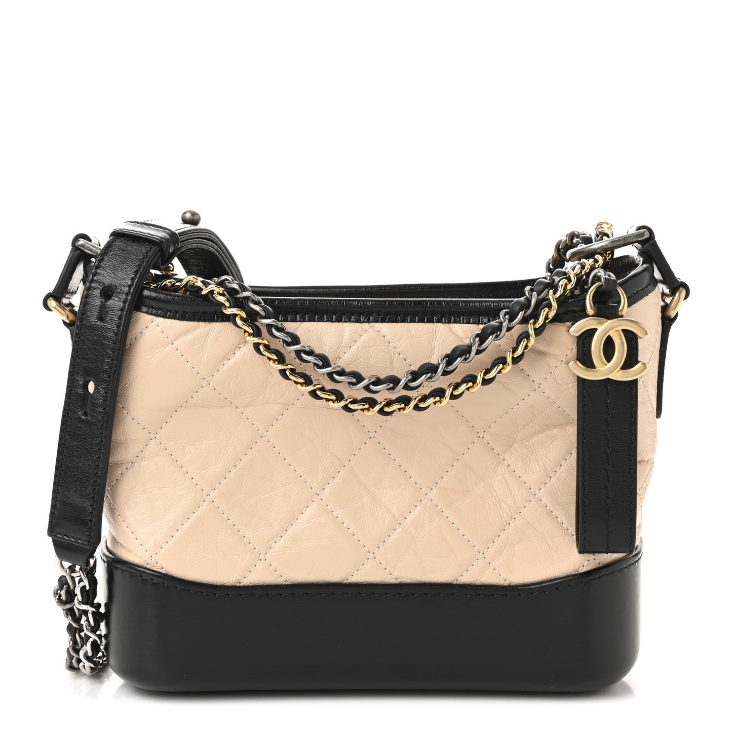 Aged Calfskin Quilted Small Gabrielle Hobo Beige Black