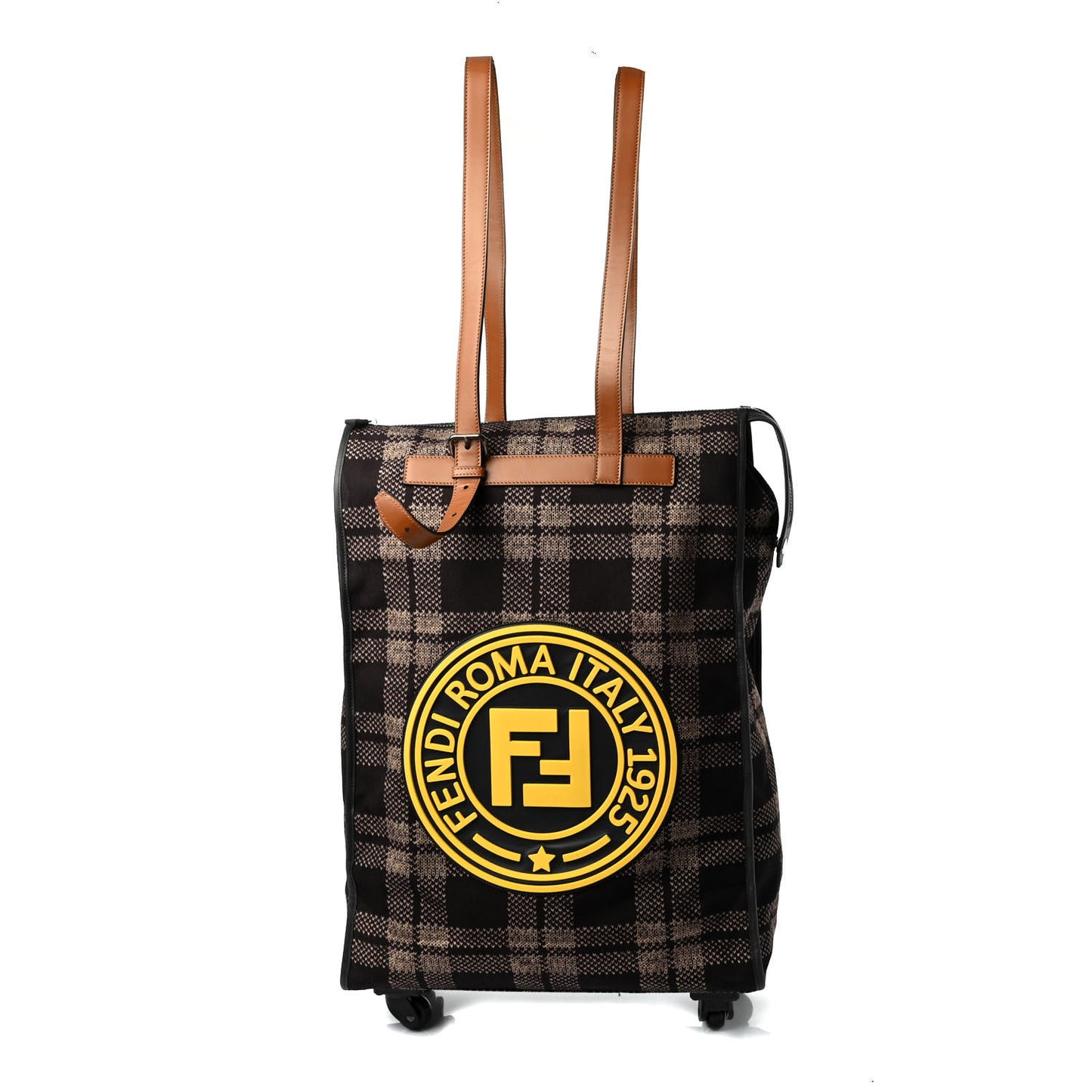 Canvas Plaid Logo Rolling Bag Brown Yellow