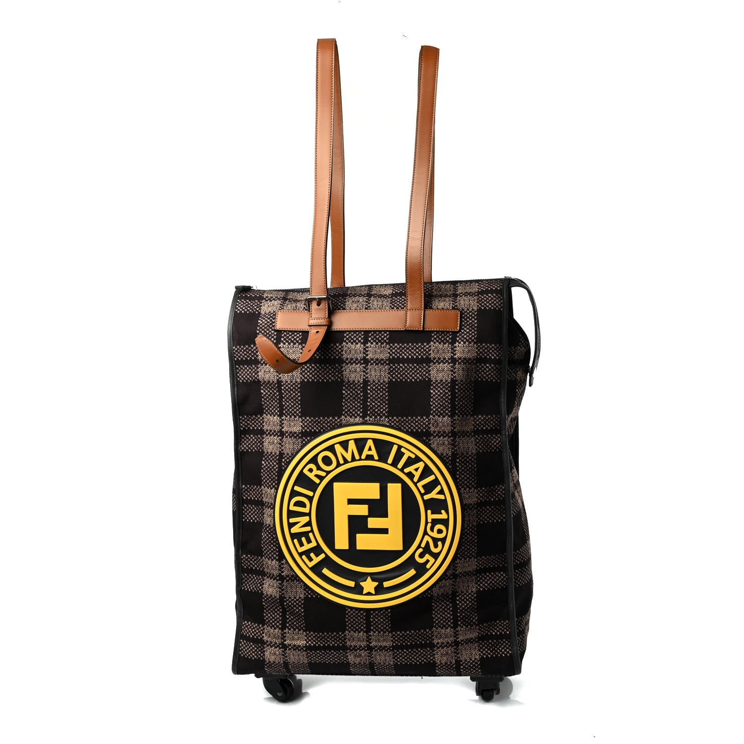 Fendi Canvas Plaid Logo Rolling Bag Brown Yellow 1 of 4