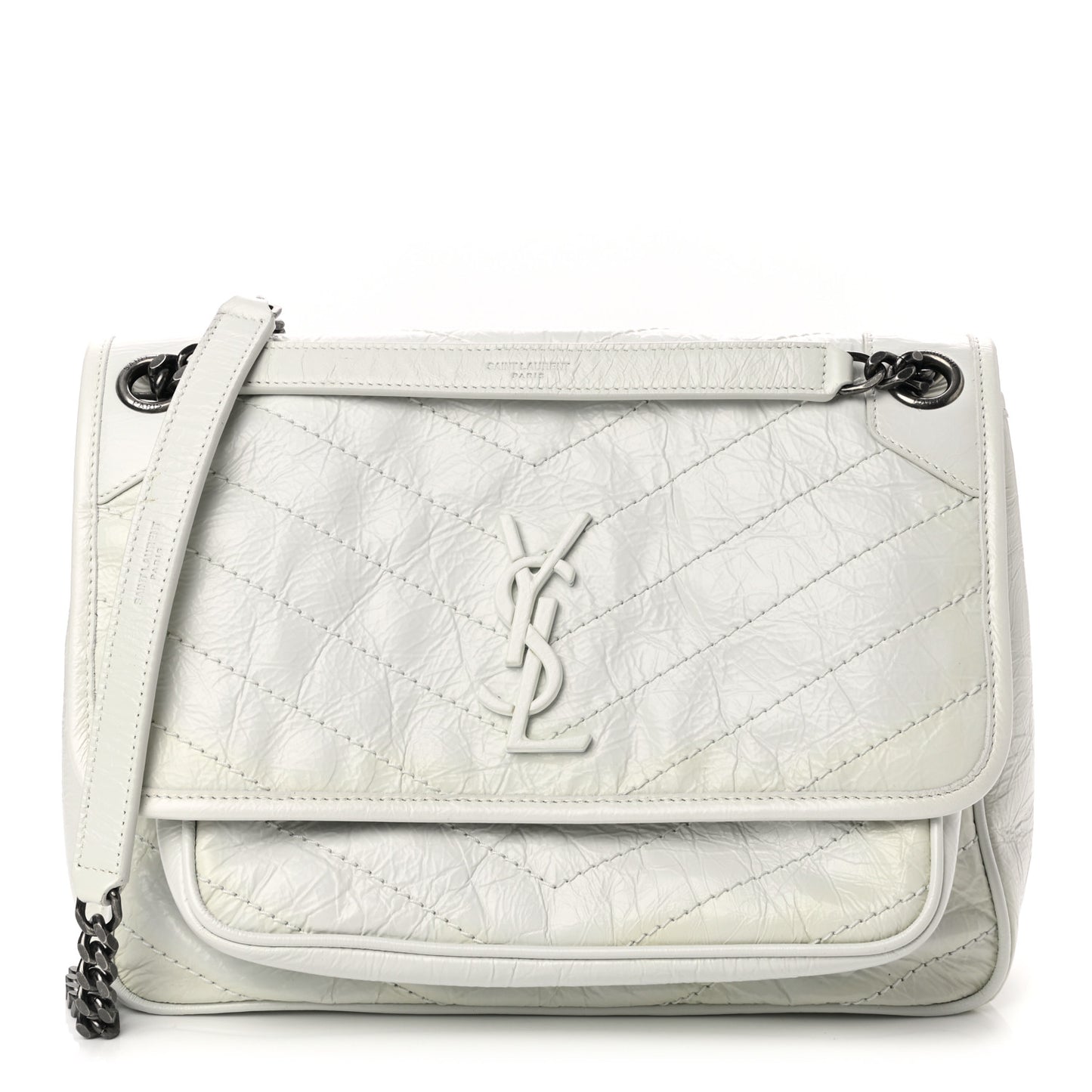 Crinkled Calfskin Matelasse Monogram Medium Niki Chain Satchel Dirty White