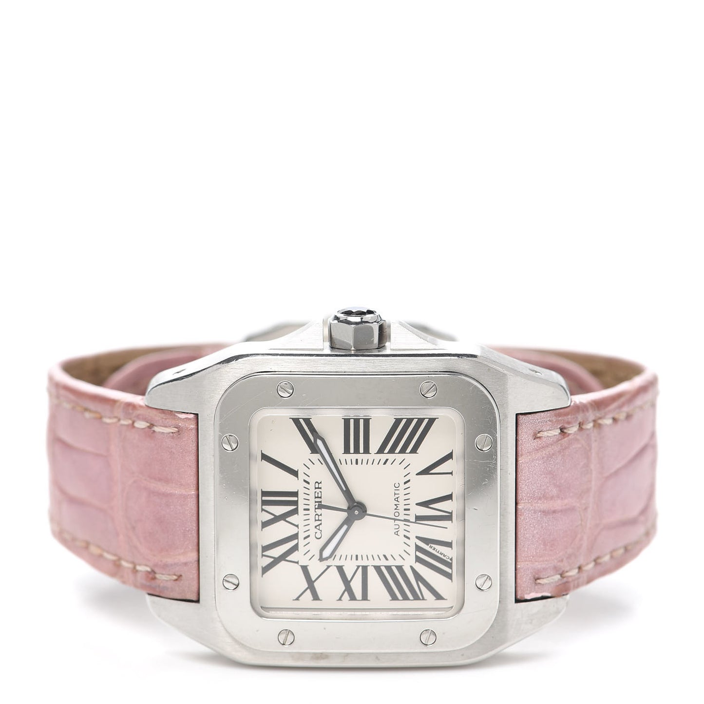 Stainless Steel Alligator 33mm Santos 100 Automatic Watch Pink