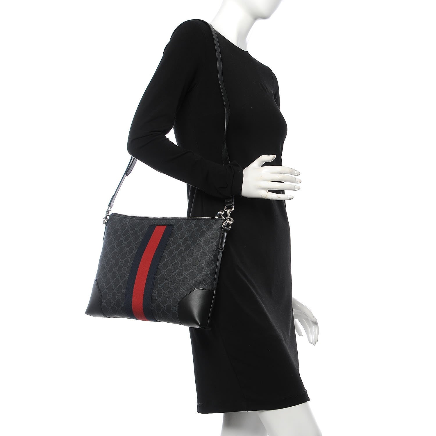 Gucci Soft GG Supreme Monogram Appia Calfskin Web East West Messenger Bag Black Grey 2 of 8