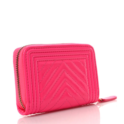 Chanel Patent Chevron Quilted Zip Around Boy Coin Purse Wallet Neon Pink 4 of 7