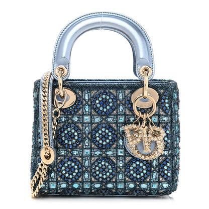 Christian Dior Metallic Calfskin Satin Celestial Bead Embroidery Cannage Mini Lady Dior Blue 1 of 9