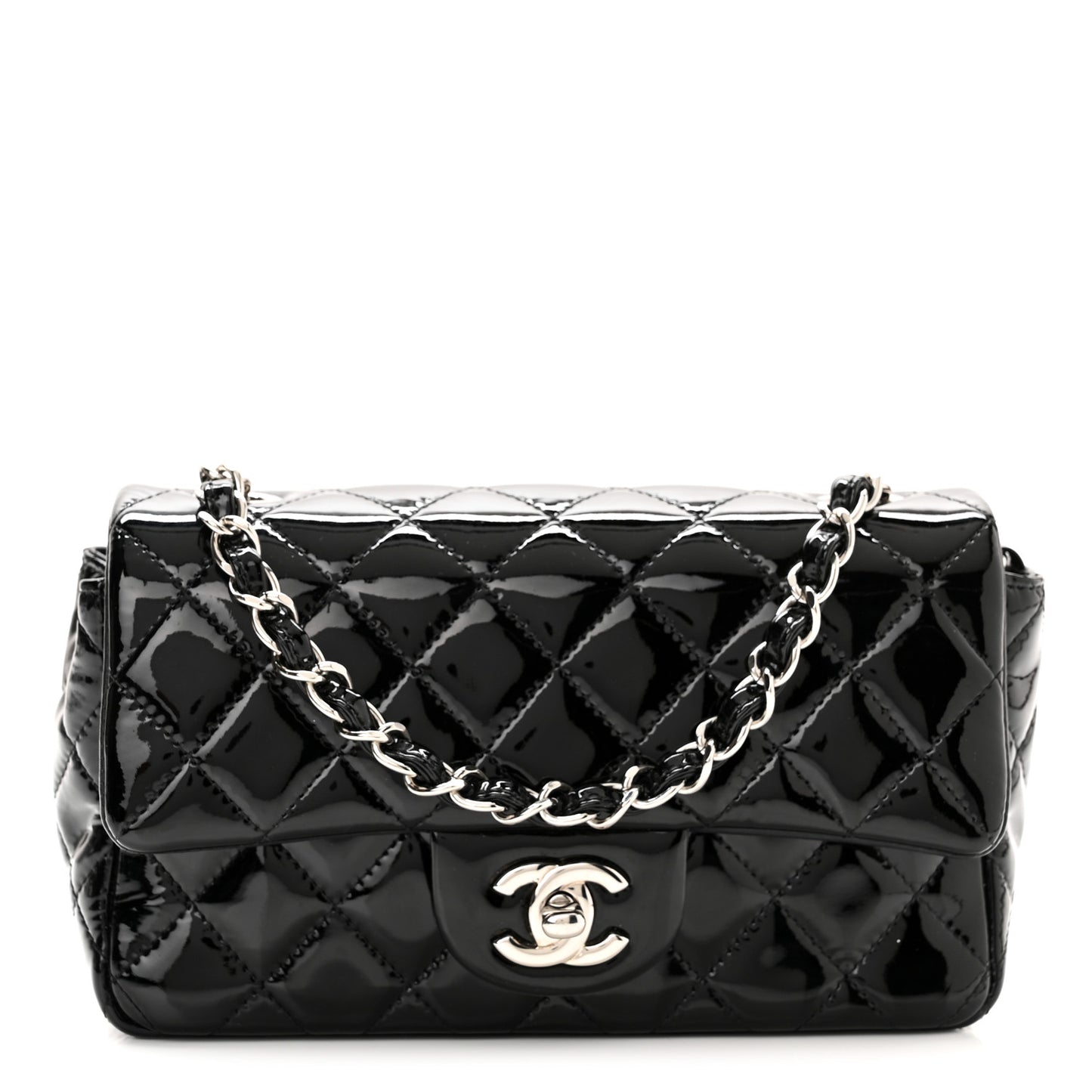 Patent Calfskin Quilted Mini Rectangular Flap Black