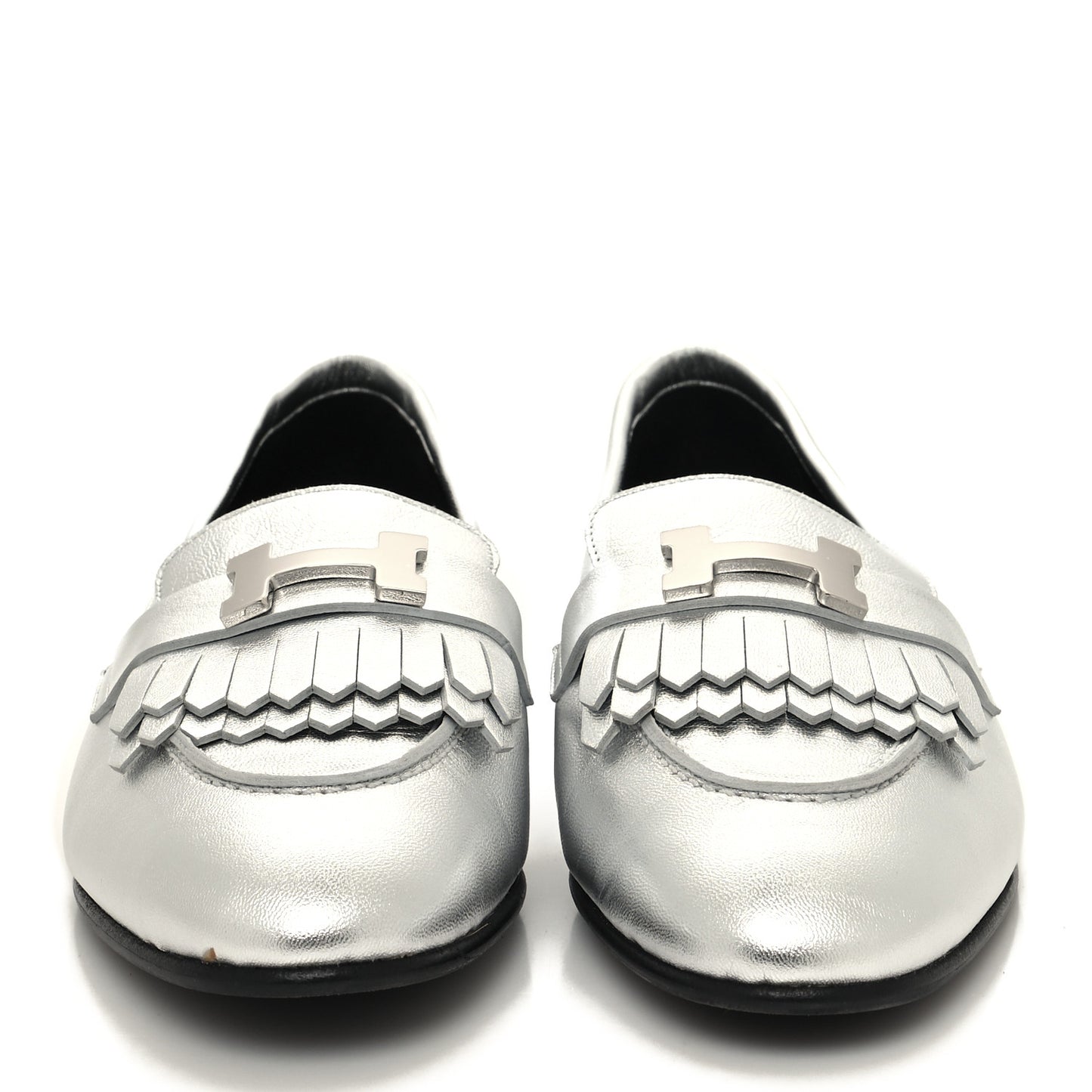 Metallic Goatskin Womens Royal Loafers 38.5 Gris Argente