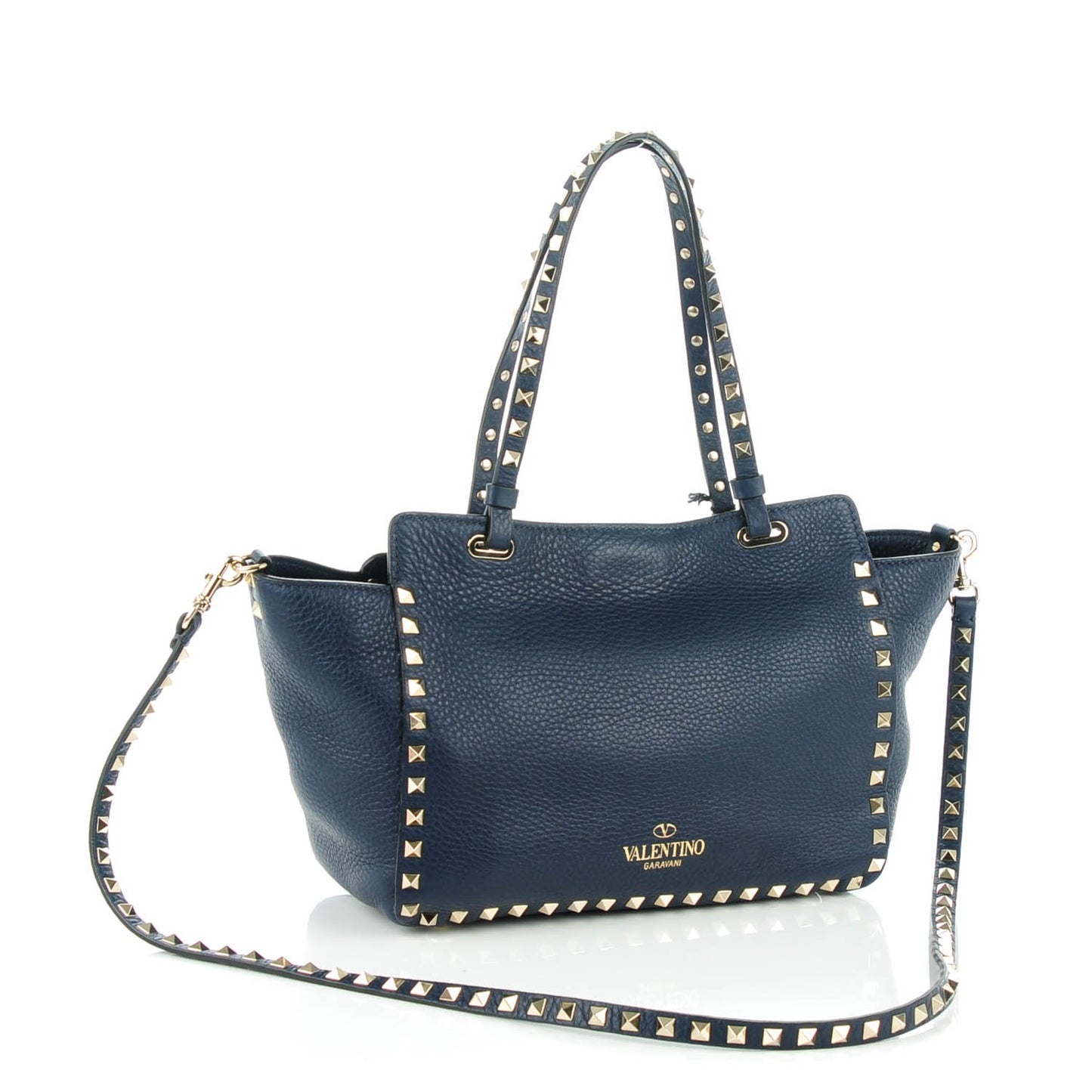 Grained Calfskin Small Rockstud Tote Marine