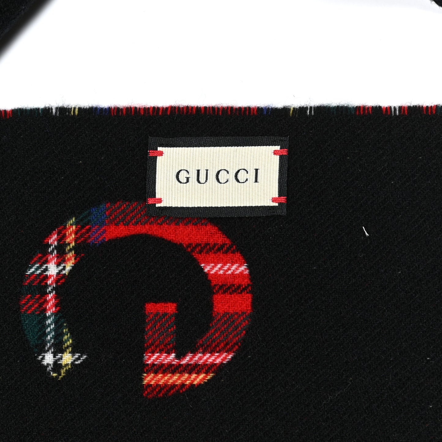 Cashmere Wool Logo Reversible Tartan Fringe Scarf Red Black