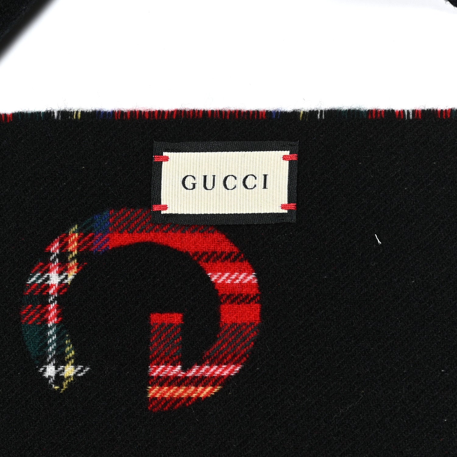 Gucci Cashmere Wool Logo Reversible Tartan Fringe Scarf Red Black 5 of 5